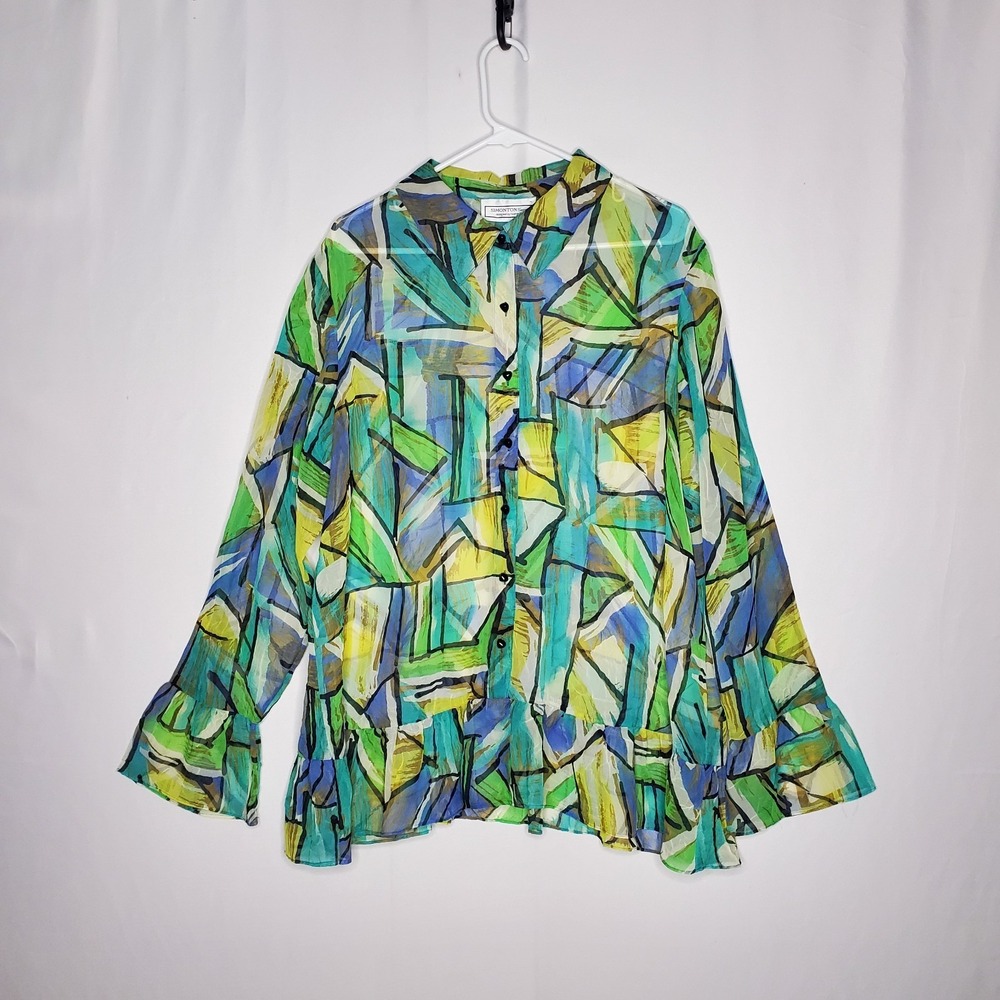 Simonton Says Button Collar Top Women XL Sheer Crinkle Artsy Abstract Ruffle 90s
